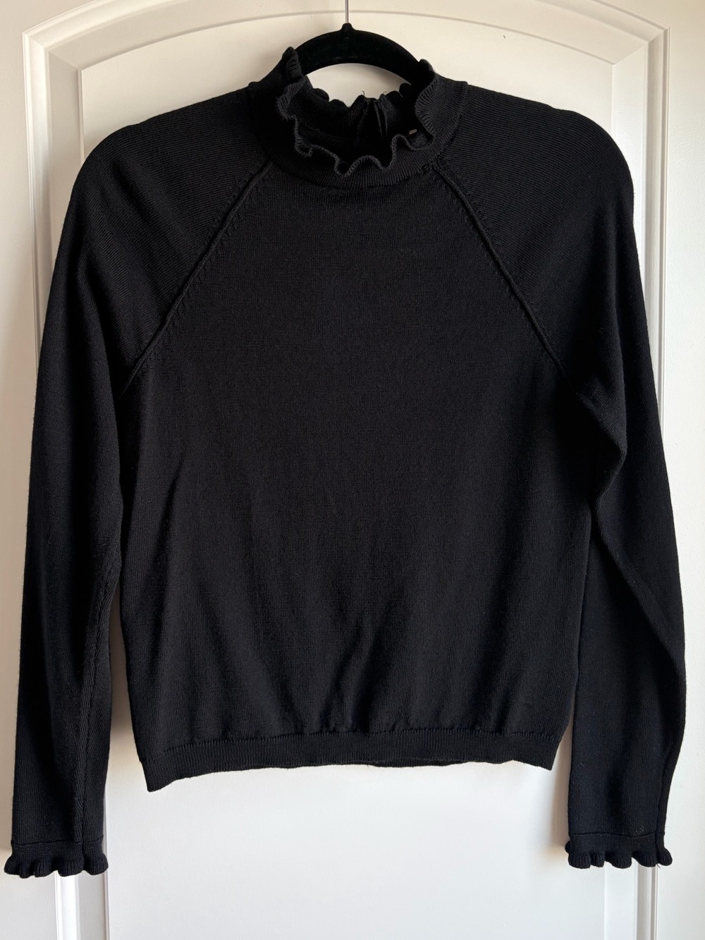 Free People Black 100% Merino Wool Ruffle Mock Neck Sweater Size Small